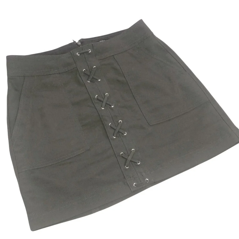 Express Lace Up Front Grommet Mini Skirt Olive Green Womens‎ Size 4